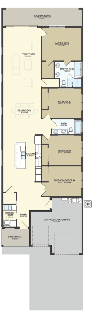 Top view flat floor plan for Caledonia model, Club Homes at Heritage Harbour